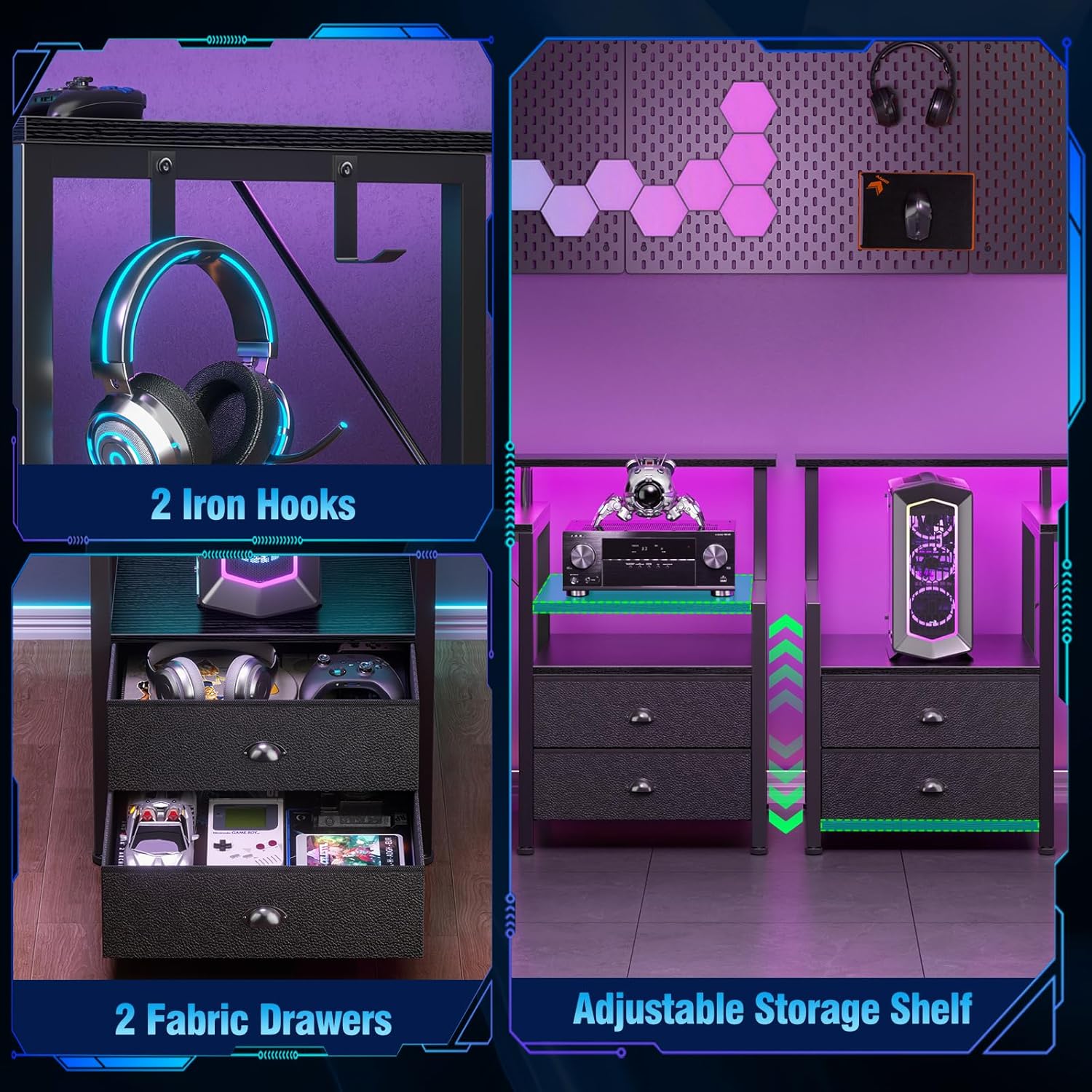 Korfile 66'' L Shaped Gaming Desk with Drawers and Storage Shelves, Reversible Corner Desk with Power Outlets and Host Stand, Large Computer Desk with Led Lights for Gaming, Work, Home Office, Black