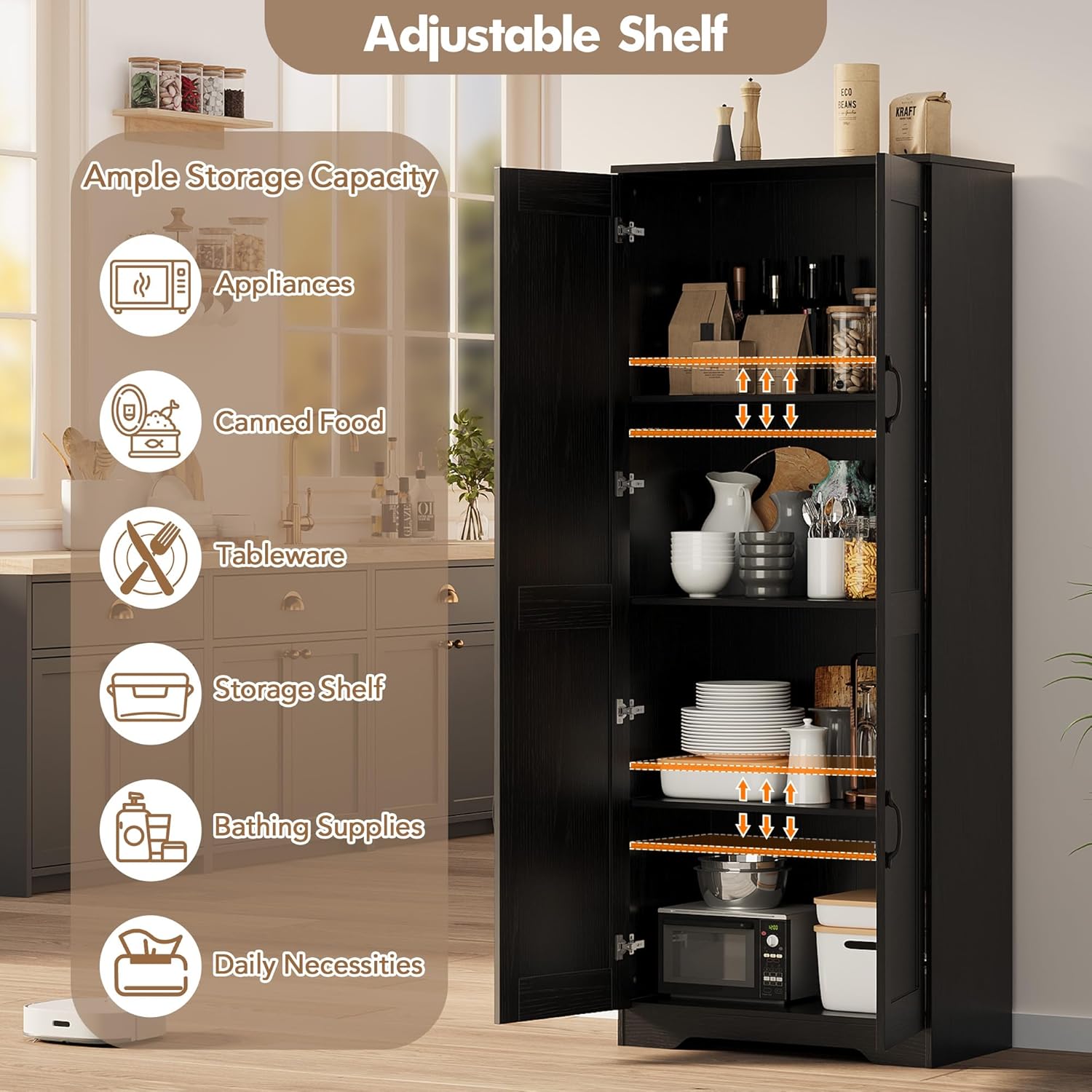 60" Kitchen Pantry Cabinet, Food Storage Cabinet with Adjustable Shelves and Doors, White Freestanding Cupboard Wood Pantry Organizers for Kitchen, Dining Room, Bathroom, Black