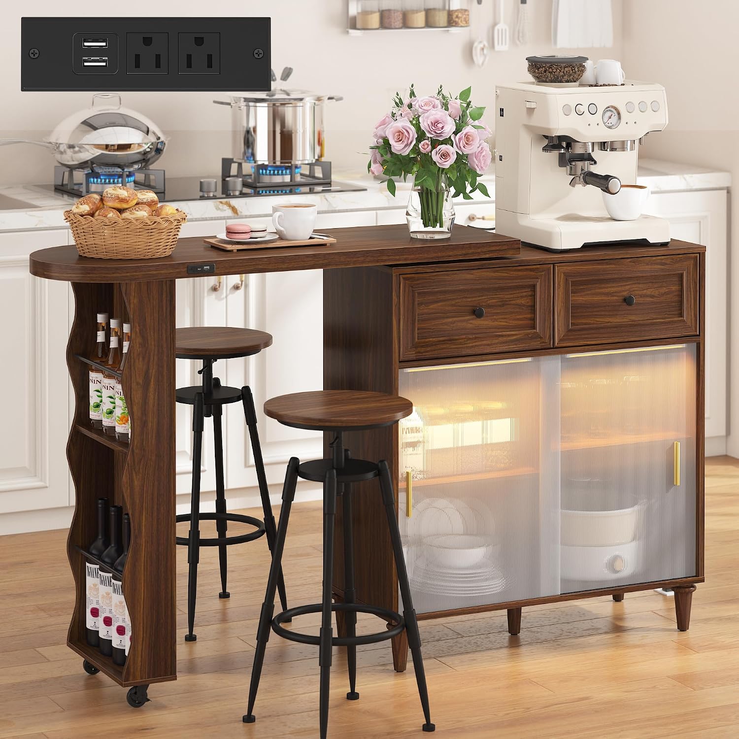 69" Kitchen Island with 360° Rotating Table,LED Lighting, Adjustable Shelves, Storage Cabinet & Power Outlet – Walnut Finish Extendable Dining Table for Kitchen, Dining Room, Bar
