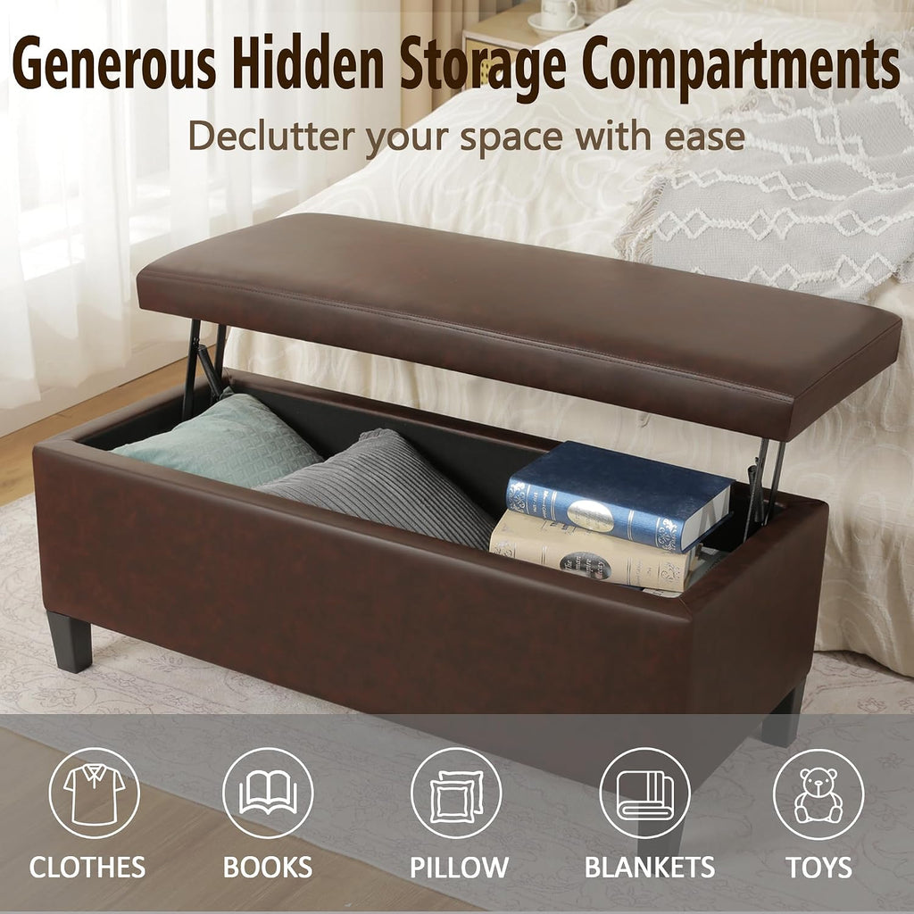 Homebeez 42 Inch Faux Leather Storage Ottoman Bench with Lift Top, Modern Rectangular Foot Rest for Living Room, Bedroom, Entryway, End of Bed, Blackened Red
