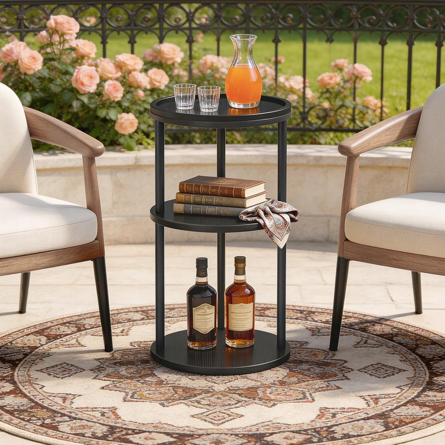 MAHANCRIS Small Round Side Table with Tray, 3-Tier End Table with Storage Shelf, Accent Table for Small Spaces, Nightstand, Coffee Drink Table for Sofa, Living Room, Bedroom, Corner, Black ETBK3101