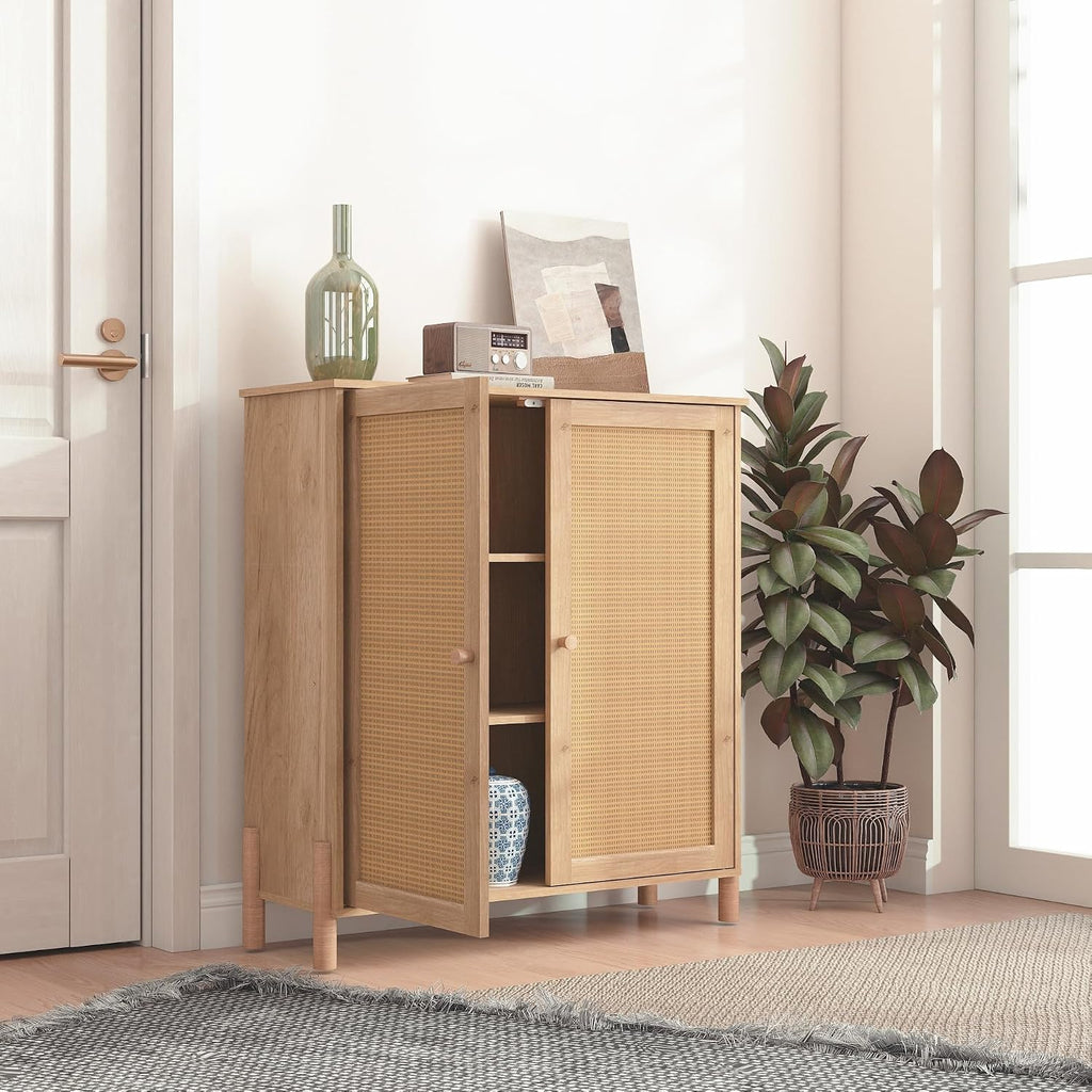 CIATRE Mid-Century Modern Natural Storage Cabinet with Woven Rattan Doors & Adjustable Shelves - Ideal for Living & Dining Room Decor & Organization