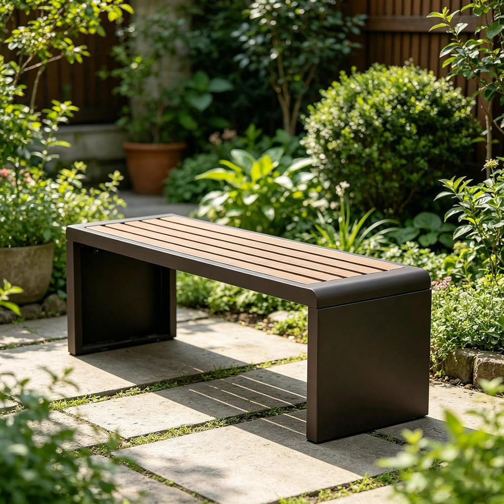 Weatherproof Metal Garden Bench, Small Outdoor Patio Bench, Heavy Duty Front Porch Decor, Outside Park Potting Bench Furniture for Backyard, Lawn & Outdoor Use (Coral)