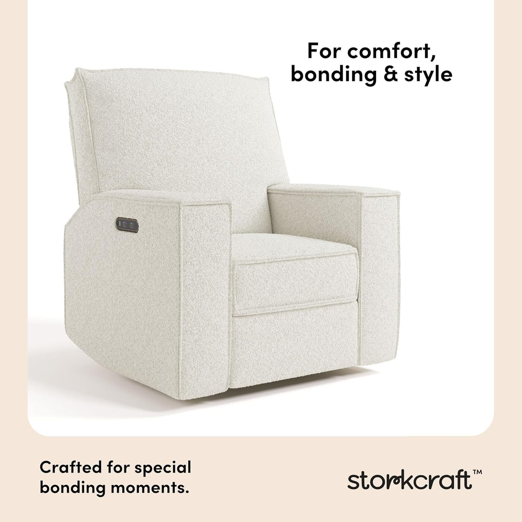 Storkcraft Texas Nursery Power Recliner Swivel Glider – Oeko-TEX 100 Certified, Nursery Rocking Chair with Push-Button Electronic Recline Function, USB-A and USB-C Charging Ports (Ivory Boucle)
