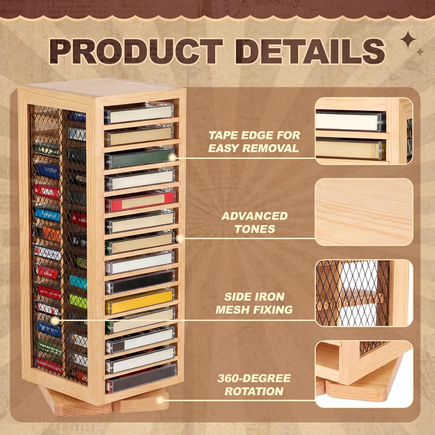 Ripeng Cassette Tape Holder, 28 Capacity 360° Rotating Double Sided Storage Rack, Natural Metal & Wood Display Shelf for Home, Music Studio