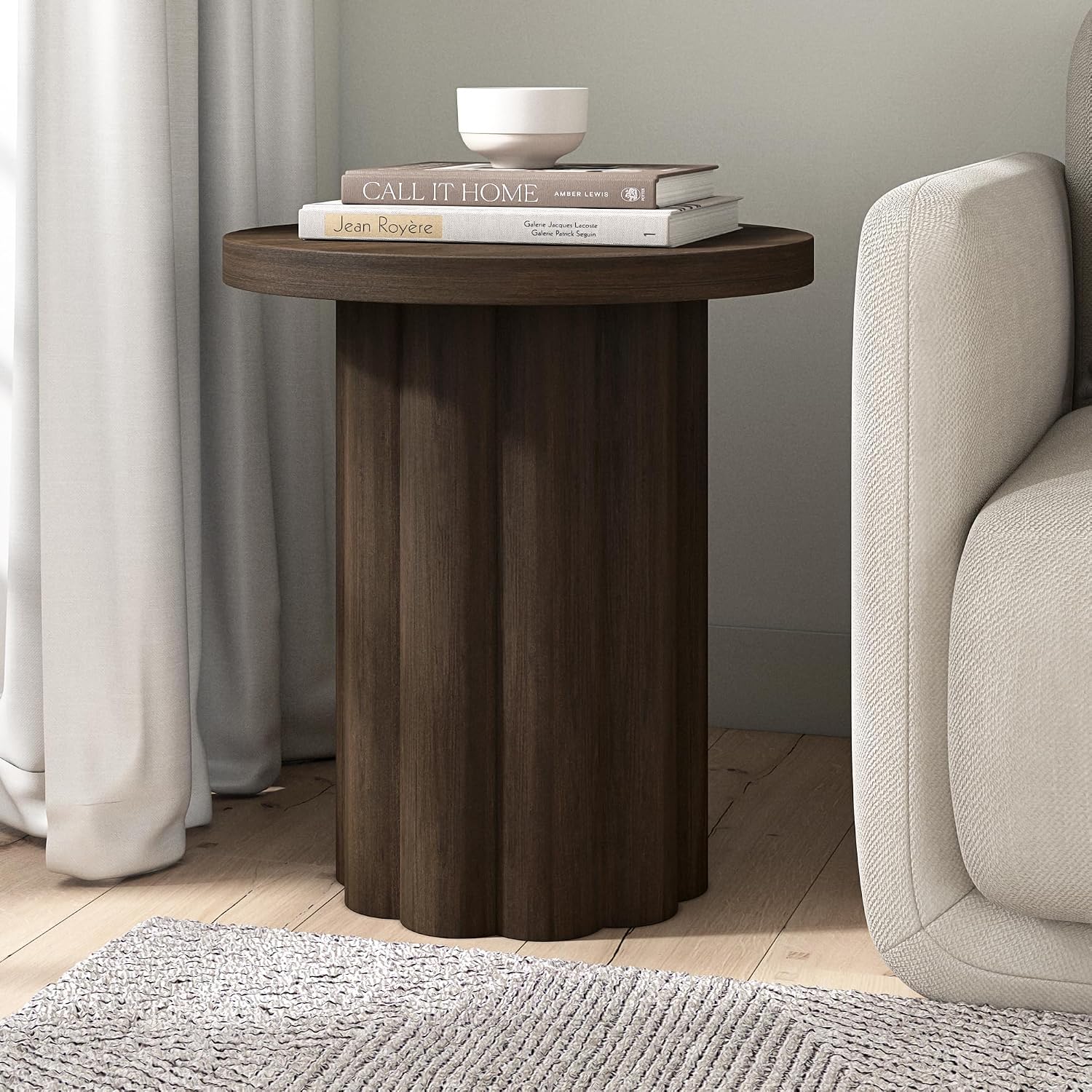 Henn&Hart 20'' Fluted Round End Table, Modern Side Table Ribbed Night Stand for Living Room, Office, Family Room, or Bedroom, Heritage Oak