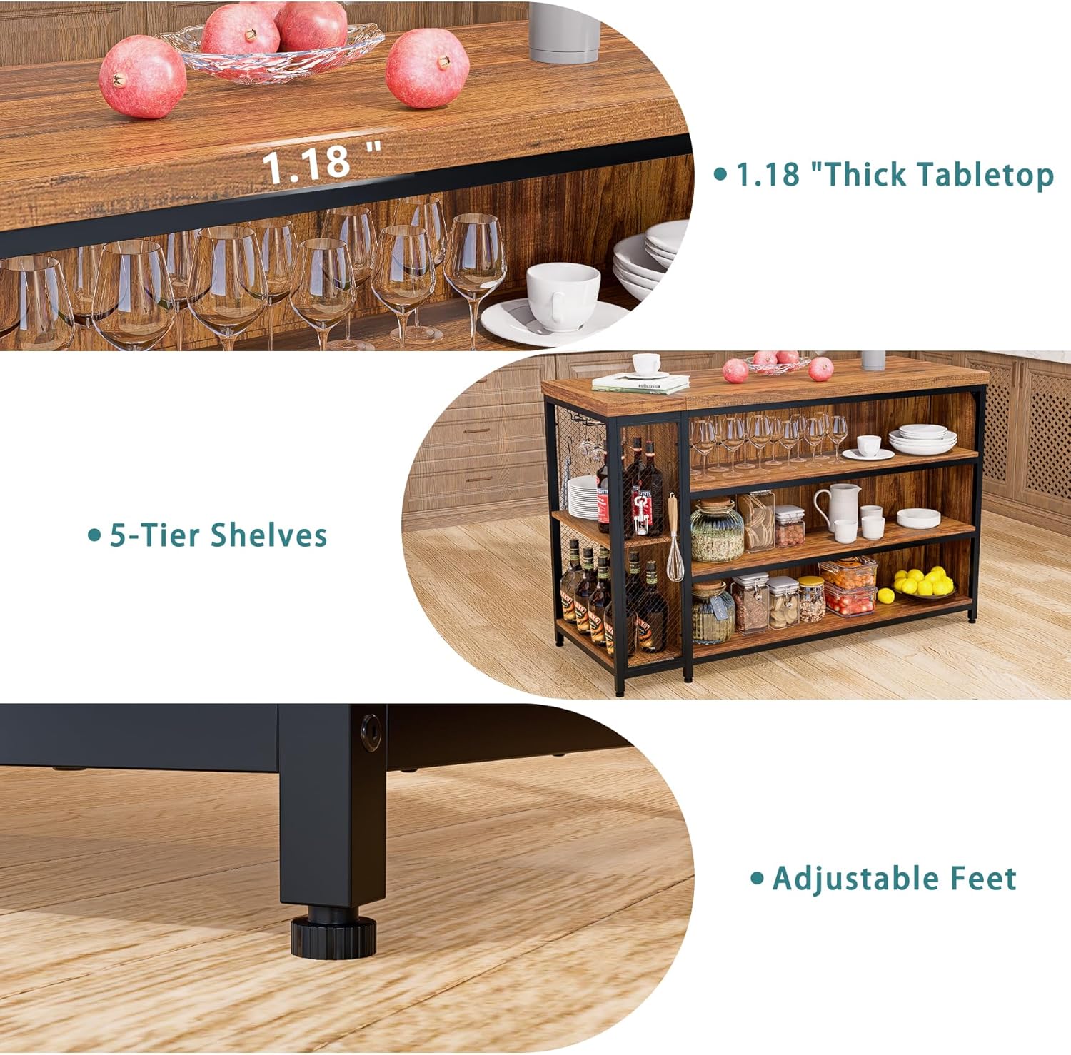 55" Kitchen Island with Seating & Storage, Farmhouse Island Table with 5-Tier Shelves, Large Countertop, Coffee Bar Cabinet with 2 Stemware Racks, Rustic Brown