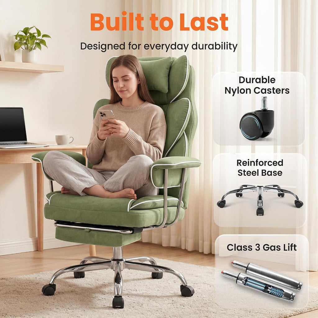 NEO CHAIR Big and Tall Office Chair Gaming Computer Chair High Back Heavy Duty Desk Chai with Lumbar Support Adjustable Recliner Footrest Wide Seat Fabric Executive Home with Wheels (Fabric Green)
