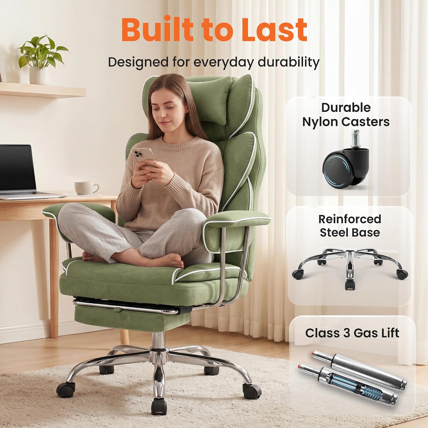 NEO CHAIR Big and Tall Office Chair Gaming Computer Chair High Back Heavy Duty Desk Chai with Lumbar Support Adjustable Recliner Footrest Wide Seat Fabric Executive Home with Wheels (Fabric Green)