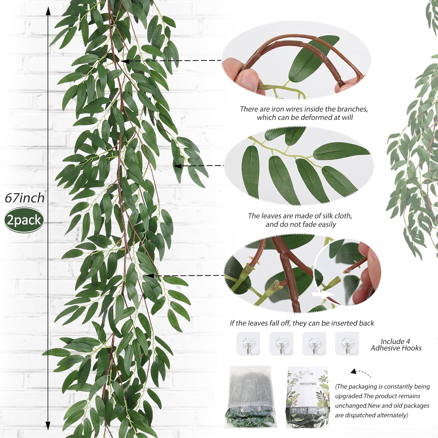 RECUTMS Artificial Willow Leaves Vine Twigs 2Pcs 5.7Ft Fake Hanging Ivy Plants Silk Green Leaf Rattan Garland Greenery Decor for Indoor Outdoor Home Wedding Arch Jungle Beach Birthday Party Garden