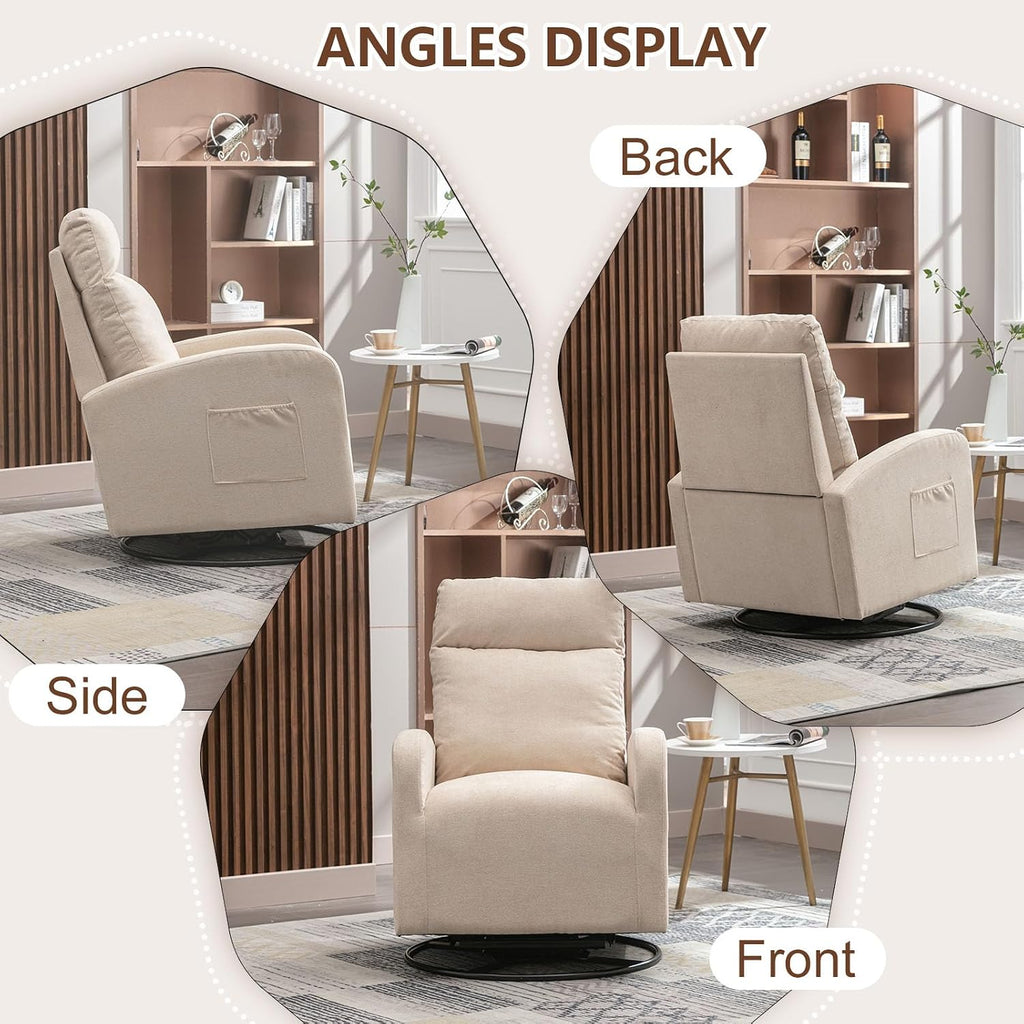 LUCKHAO Swivel Rocking Chair，Nursery Swivel Glide Armchair Linden Fabric Upholstered Modern Rocking Chairs with High Backrest for Nursery, Bedroom, Living Room（Beige