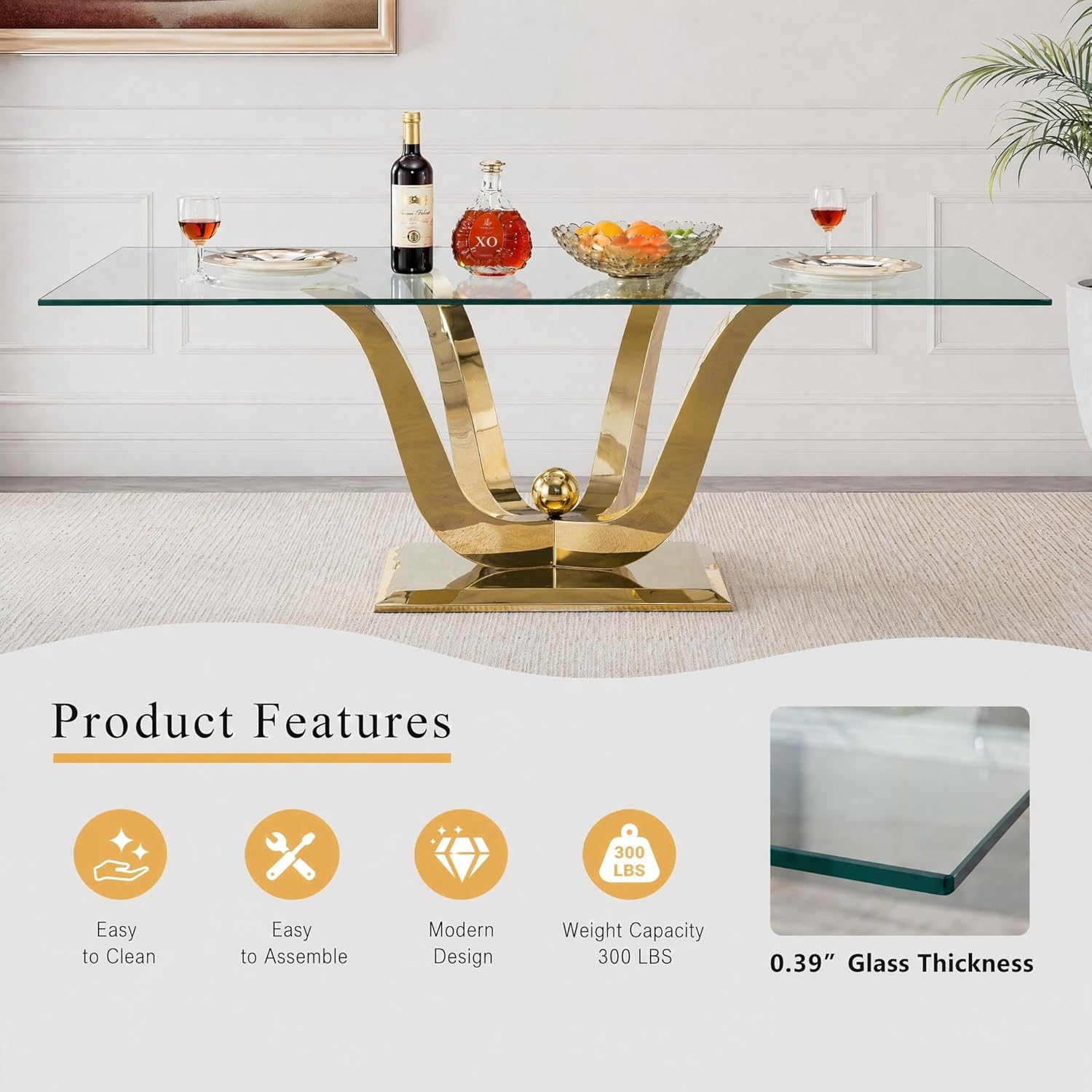 HomVent 70'' Glass Dining Table Set for 6, Modern Rectangle Glass Kitchen Table Set for 6, Kitchen Table and Chairs Set for 6 for Living Room,Kitchen