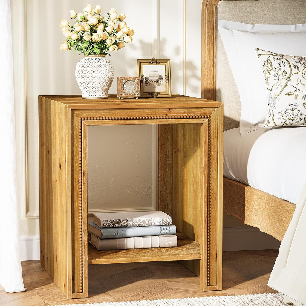 Solid Wood End Table, 2-Tier Farmhouse Side Table with Storage Shelves, Rustic Narrow Nightstand for Small Spaces, Living Room, Bedroom, Warm Brown (1)