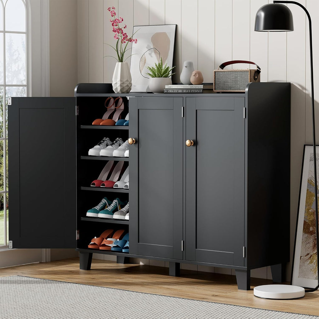 Shoe Storage Cabinet with 3 Doors and Adjustable Shelves，40 Inch Tall Farmhouse Flat-Shelf Wooden Shoe Cabinet，Shoe Rack Shoe Organizer Cabinet for Hallway Entryway Living Room （Black）