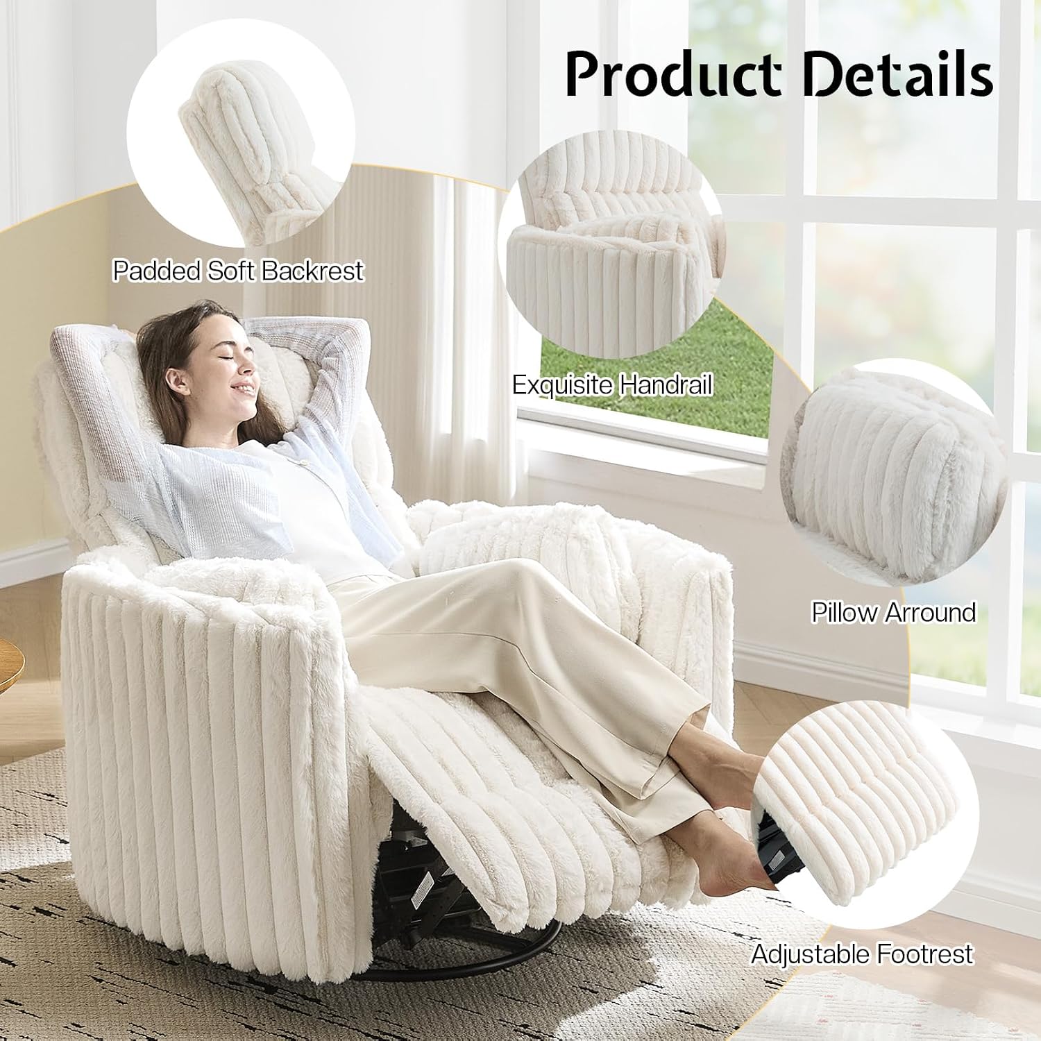 Jocisland Power Rocking Nursery Chair/Swivel Recliner/USB, Cream Corduroy | Oversized Glider Chairs,Corduroy,2 Pillows,USB & Type-C,Reclining Armchair Sofa,Living Room,Bedroom,Nursing