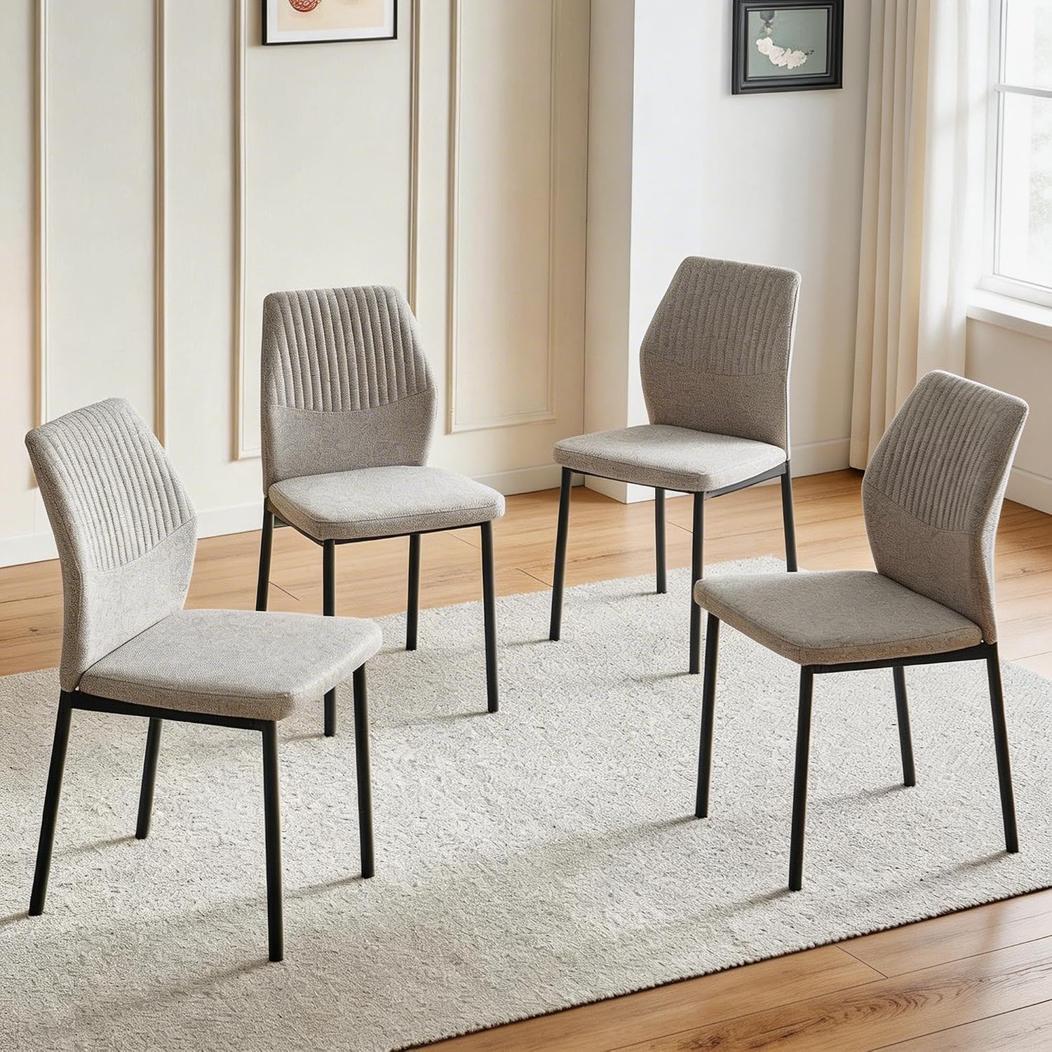 Dining Chairs Set of 4, Mid Century Modern Fabric Upholstered Kitchen Chairs, Light Brown Dining Room Chair with Sticthing Back for Kitchen Dining Room