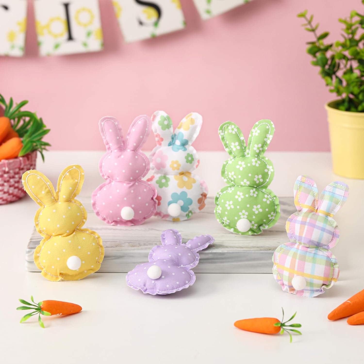 Easter Stuffed Fabric Bunnies - 6Pcs Handcrafted Fabric Bunnies for Tiered Trays - Spring Home Decor, Adorable Easter Stuffers for Basket Bowl Vase