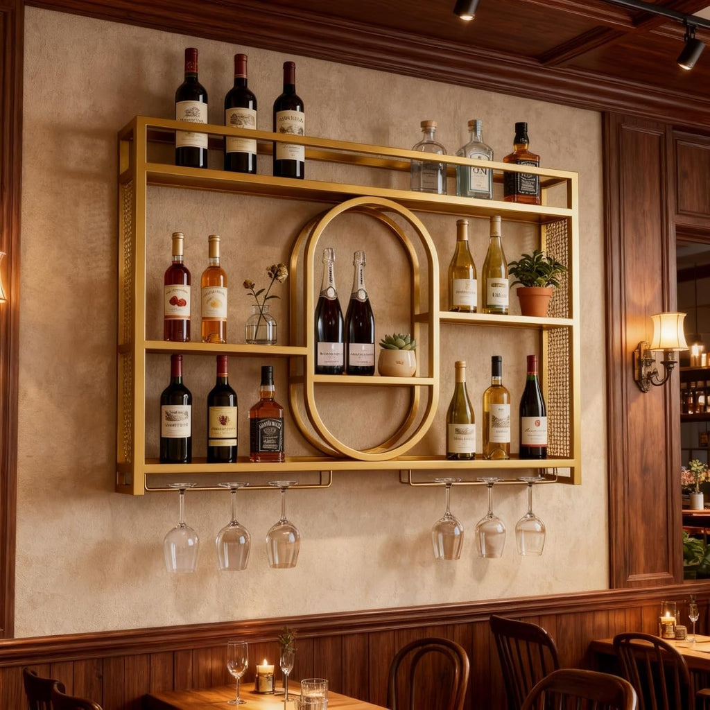 47" Upgrade Metal Wall Mounted Wine Rack, 3 Tier Bar Shelves with Glass Holder, Large Capacity Modern Liquor Shelves for Home Bar, Dining Room & Kitchen, Gold