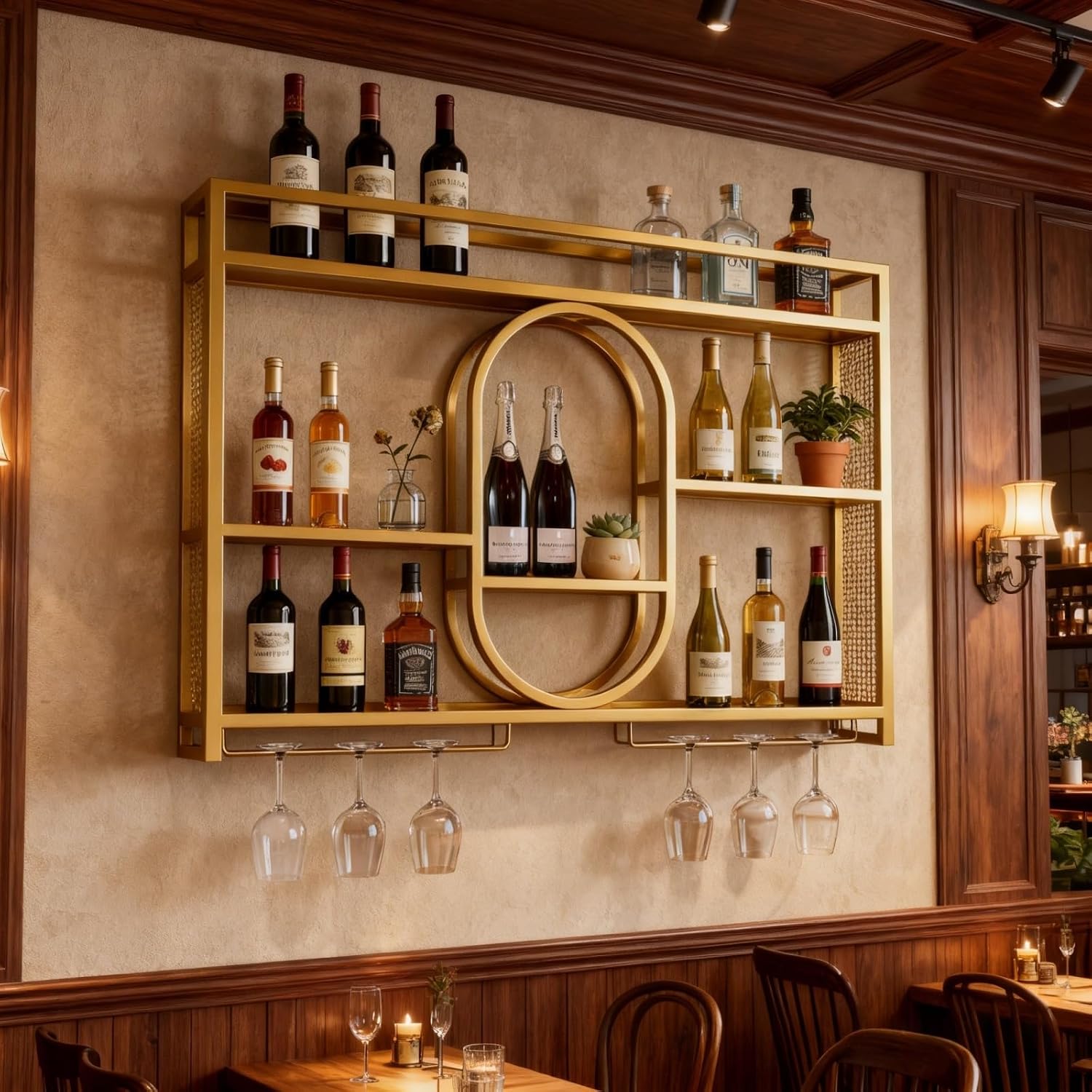 47" Upgrade Metal Wall Mounted Wine Rack, 3 Tier Bar Shelves with Glass Holder, Large Capacity Modern Liquor Shelves for Home Bar, Dining Room & Kitchen, Gold
