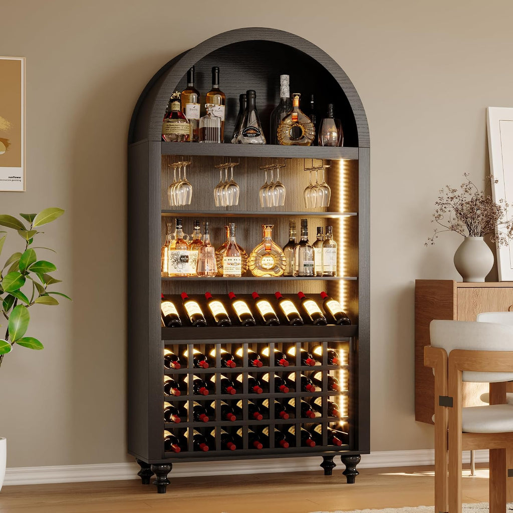 71" Tall Arched Wine Bar Cabinet with Wine Racks & Glass Holder, Wide Liquor Cabinets with LED Lights & Charing Ports, Kitchen Pantry Cupboard, Coffee Bar Storage Cabinet for Home, Dining Room (Black)