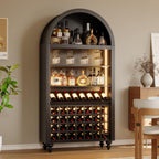 71" Tall Arched Wine Bar Cabinet with Wine Racks & Glass Holder, Wide Liquor Cabinets with LED Lights & Charing Ports, Kitchen Pantry Cupboard, Coffee Bar Storage Cabinet for Home, Dining Room (Black)