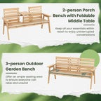 Tangkula Outdoor Fir Wood Bench with Foldable Middle Table, 2-3 Person Garden Bench with Backrest and Armrests, 710 lbs Weight Capacity, Slatted Seat Bench for Porch, Patio, Backyard