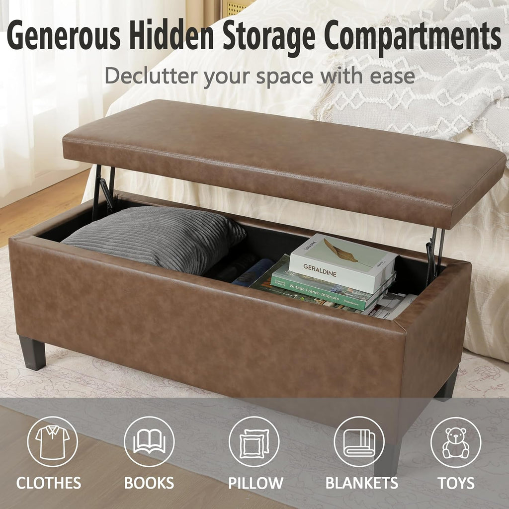 Homebeez 42 inch Lift Top Storage Ottoman Bench, Modern Faux Leather Rectangular Ottoman with Storage for Living Room, Bedroom, Entryway, Tan