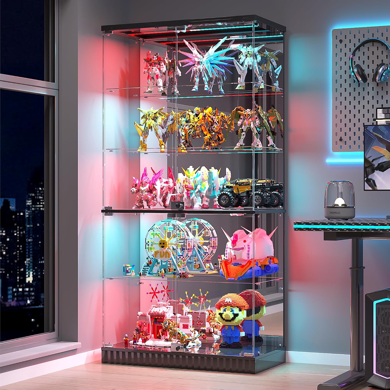 Glass Display Cabinet with Human Body Sensing RGB Lights,5-Tiers Curio Cabinet Display Case with Lock, Frameless Tall Showcase Display Shelf for Collectibles, Living Room Bookcase Storage Cabinet