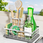 Extra Large Kitchen Sink Caddy Organizer, Stainless Steel Sponge Holder for Kitchen Sink with Brush Holder, Diatomite Stone Sink Tray for Soap Dispenser, Sponge, Bathroom Countertop Organizer, Silver
