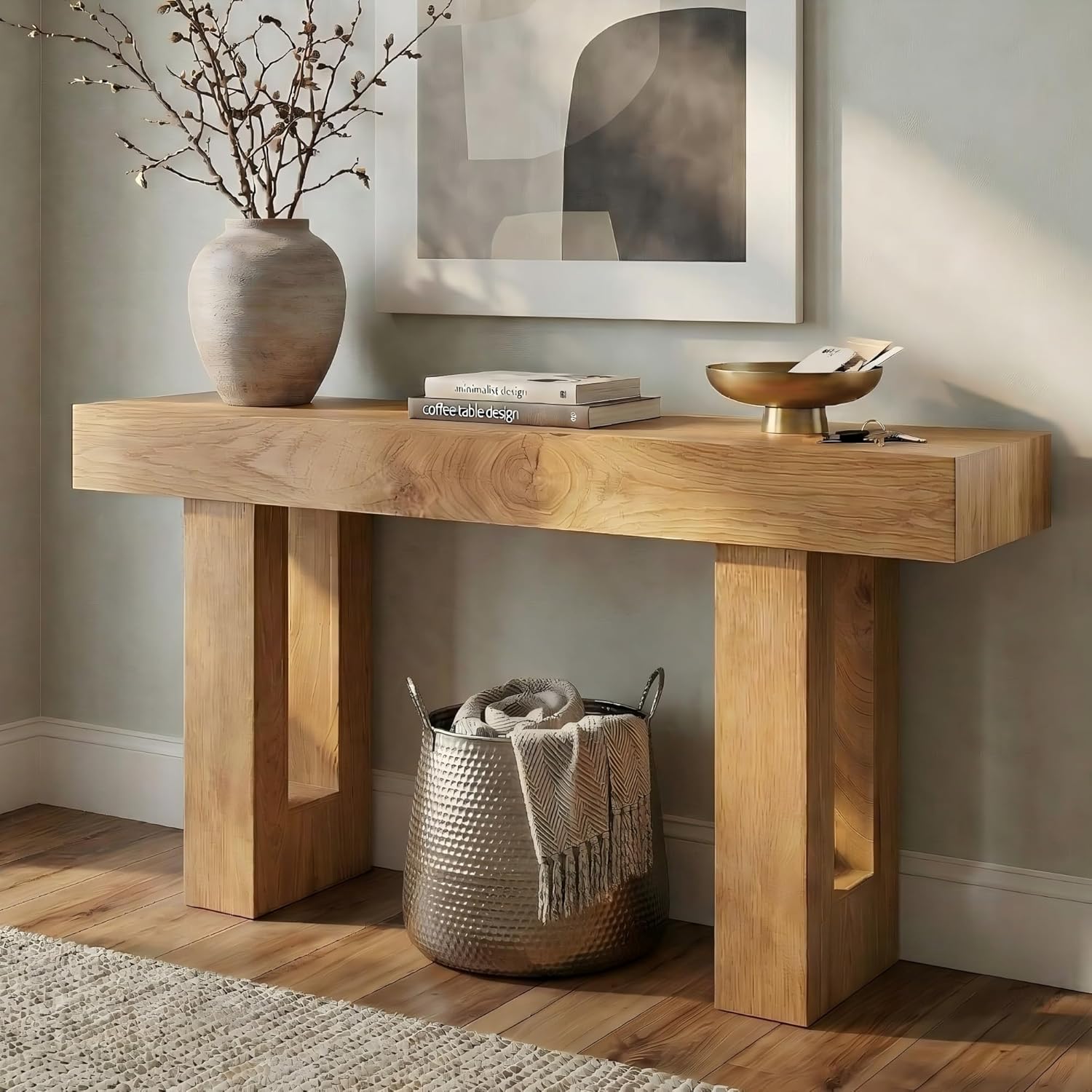 FURSUN 63" Farmhouse Console Table with Drawers, Narrow Sofa Table Behind Couch, Slim Entryway Table with Storage for Hallway, Living Room, Natural Oak