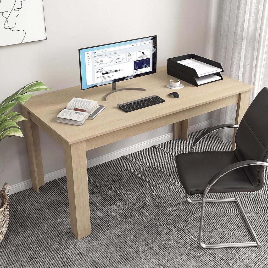 COSTWAY 63”Rectangular Dining Table for 4-6 People,Farmhouse Dinette with Large Computer Workstation, Modern Counter Height Kitchen Table for Small Place, Apartment Living Room Restaurant (Light Oak)