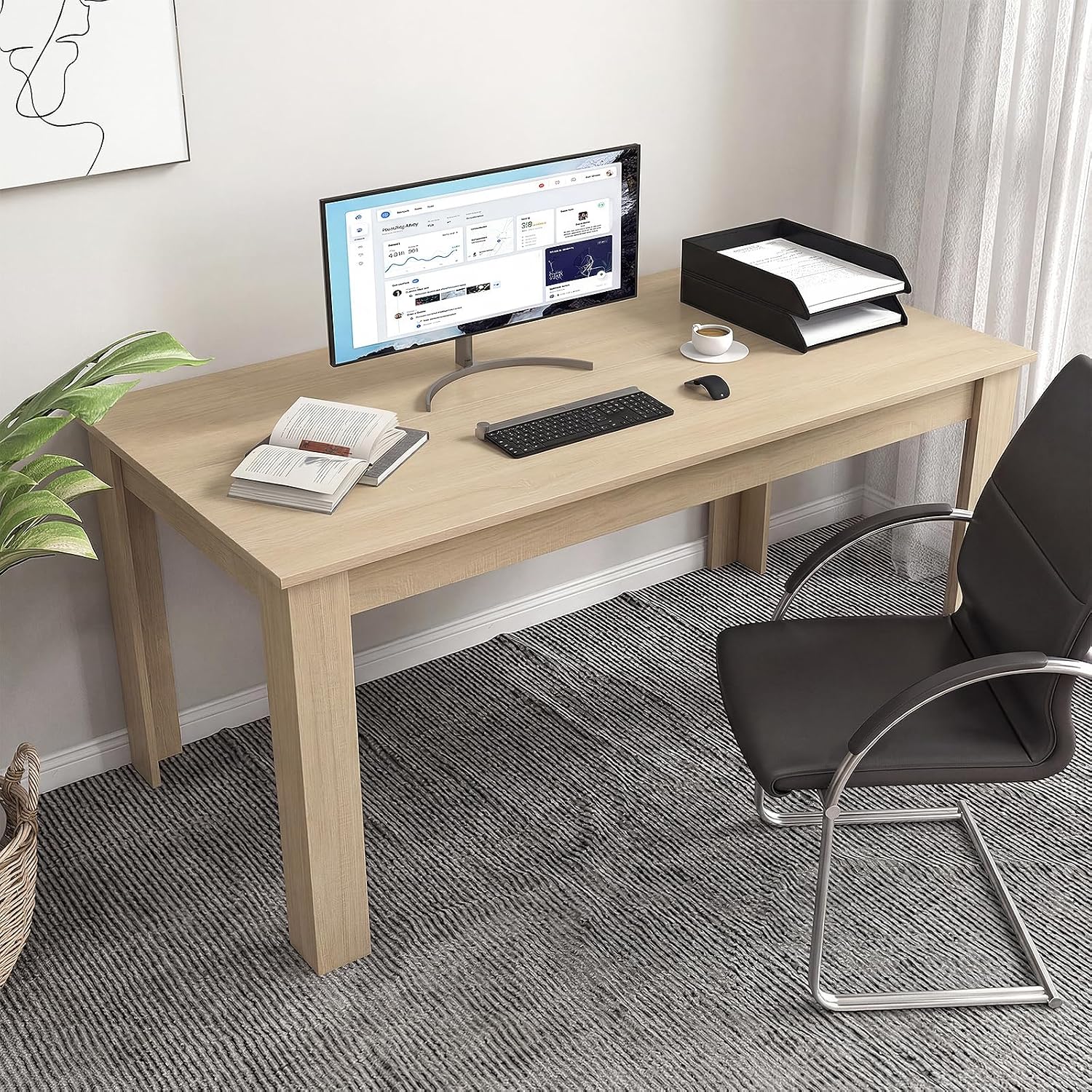 COSTWAY 63”Rectangular Dining Table for 4-6 People,Farmhouse Dinette with Large Computer Workstation, Modern Counter Height Kitchen Table for Small Place, Apartment Living Room Restaurant (Light Oak)