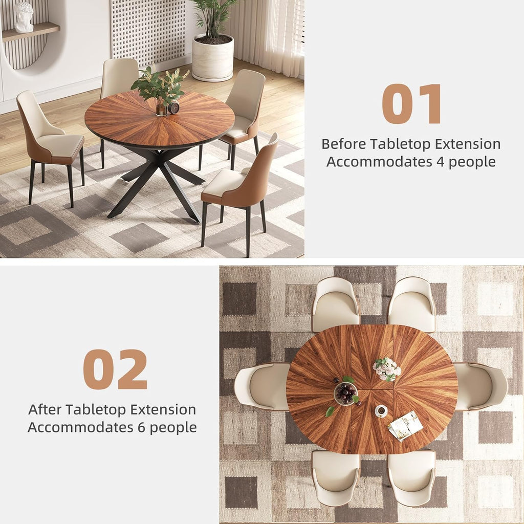 KEIKI 47.2"-63" Extendable Round Dining Table for 4-6, Modern Wooden Kitchen Table with Removable Leaf, Solid Wood Oval Dinner Tables for Dining Room Living Room, Walnut
