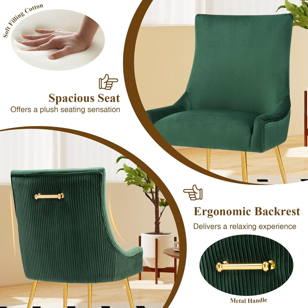 adochr Velvet Dining Chairs Set of 2, Modern Upholstered Kitchen Chair with Pull Handle & Pleated Back, Mid Century Accent Chair with Gold Metal Legs for Vanity,Dining,Kitchen,Living Room, Green