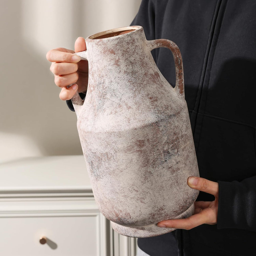 Ceramic Flower Vase with Handles, 11 in Tall Rustic Farmhouse Pottery Vases Decorative Large Vases for Living Room Entryway Kitchen Table Centerpieces Home Decor,Neutral