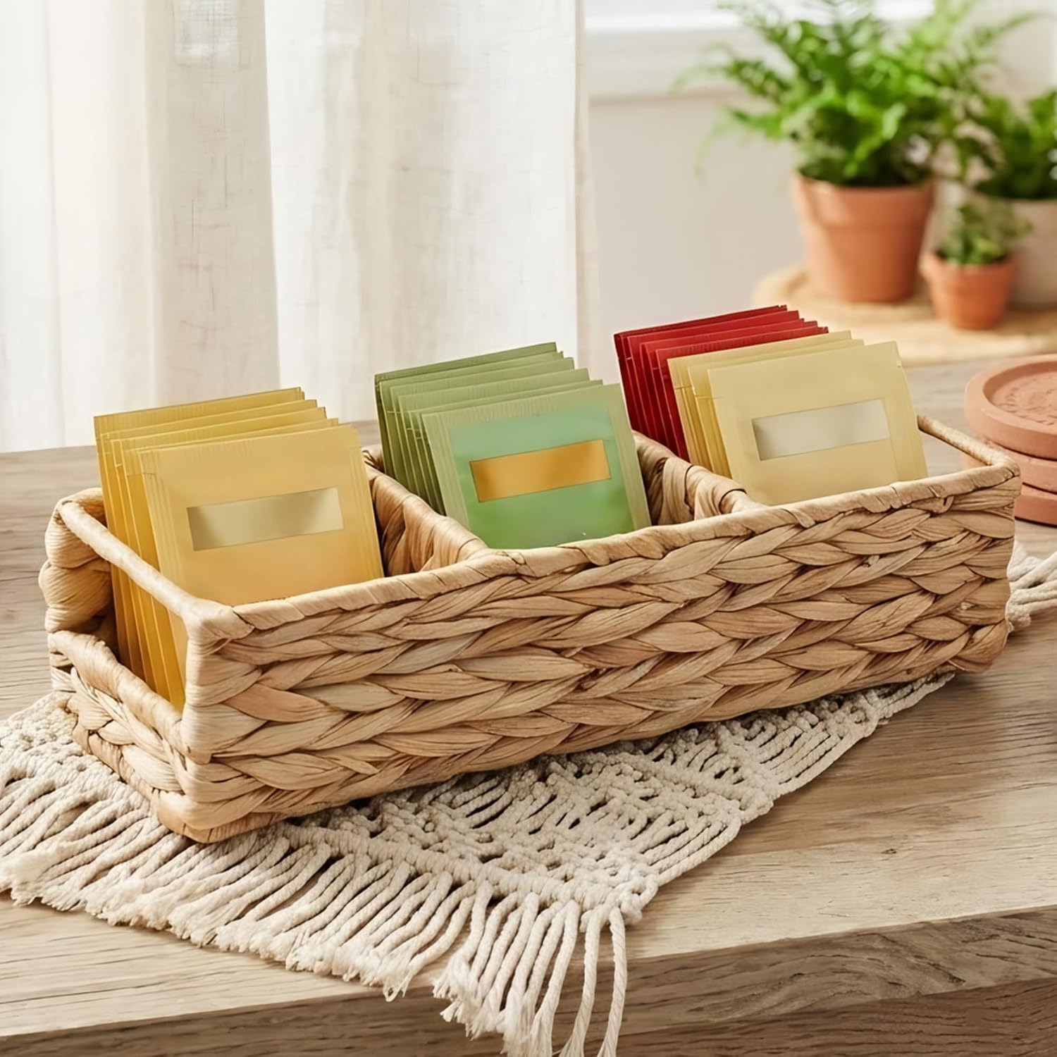 Triluxe Wicker Tea Bag Organizer, 3-Compartment Water Hyacinth Tea Holder for Countertop, Compact Tea Caddy & Sugar Packet Holder for Tea Station