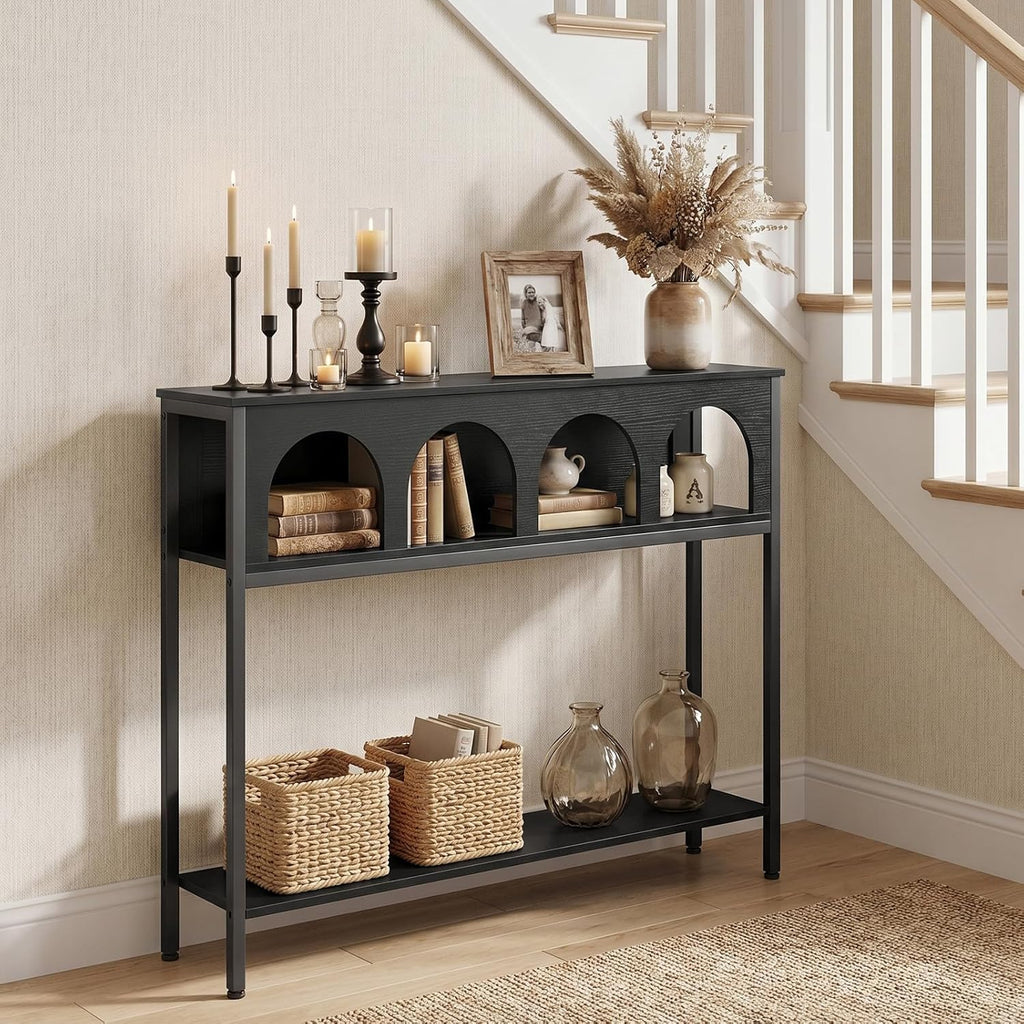 HOOBRO Narrow Console Table, Entryway Table with 3-Tier Storage, Sofa Table, Behind Couch Table with Arched Design for Living Room, Entrance, Hallway, Black BB106XG01
