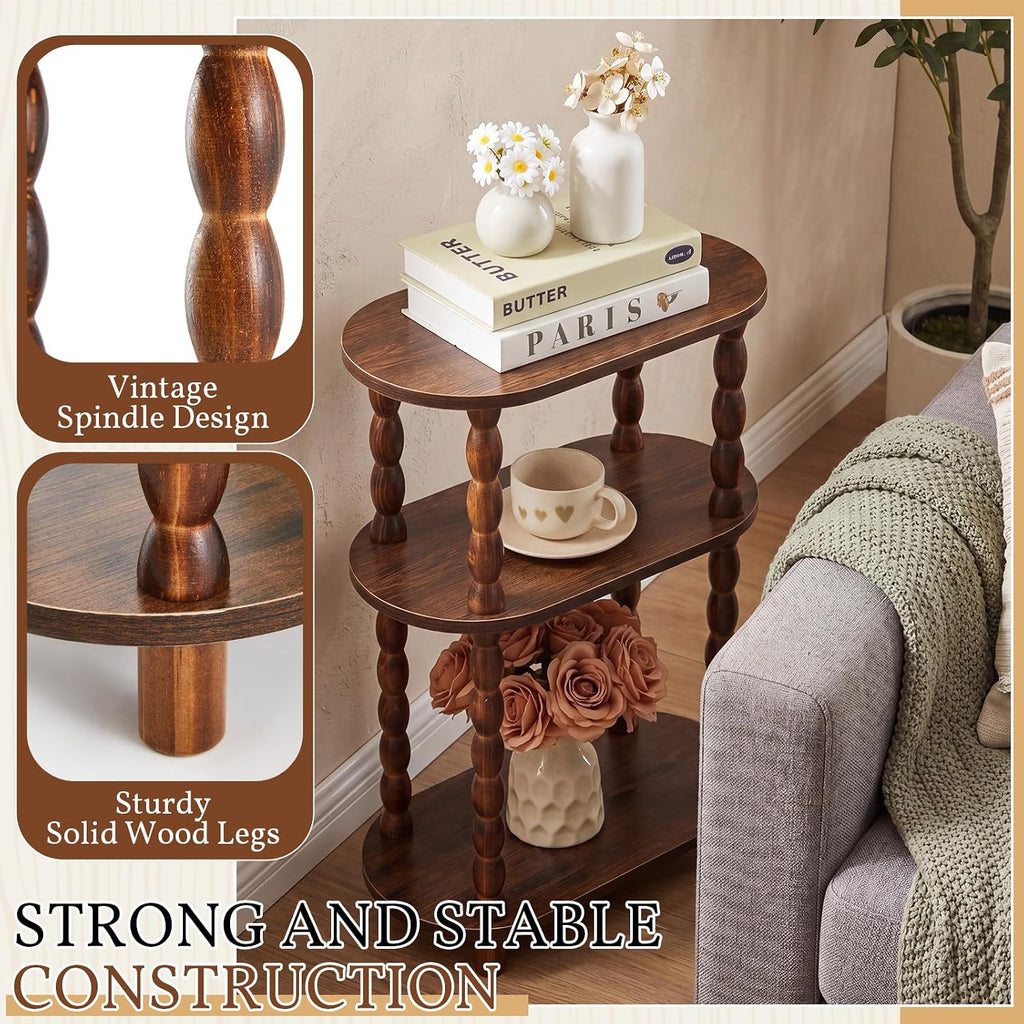 Narrow Side Table Set of 2, 3 Tier Skinny End Table for Small Space 15.7" L x 23.3" H Oval Wood Nightstand with Spindle Leg and Open Shelve, Slim Sofa Couch Accent Stand for Living Room Bedroom, Brown