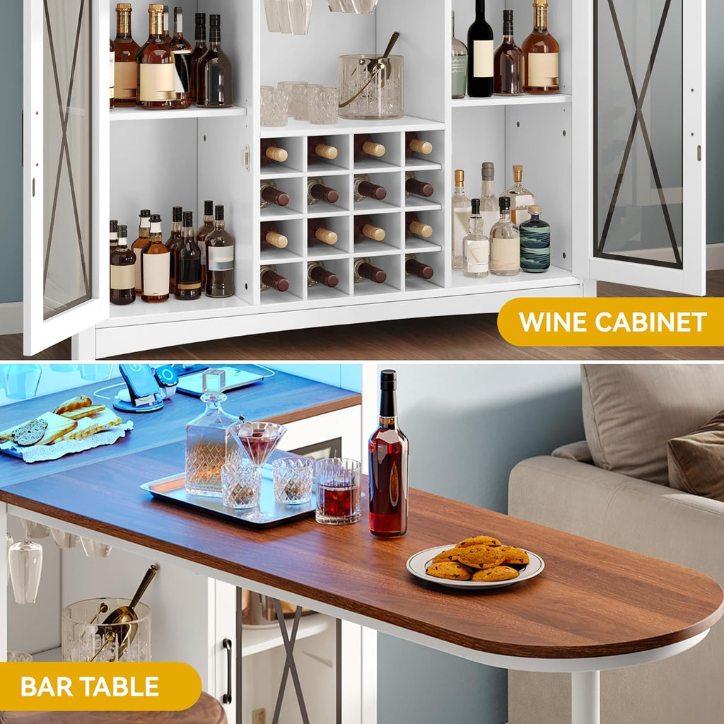 DWVO Home Bar Unit with LED Lights ＆ Wine Cabinet, Farmhouse Bar Cabinet with Wine Storage, Mini Bar Table Coffee Cabinet with Glasses Holder Hanger Footrest for Home Kitchen Pub, White&Walnut