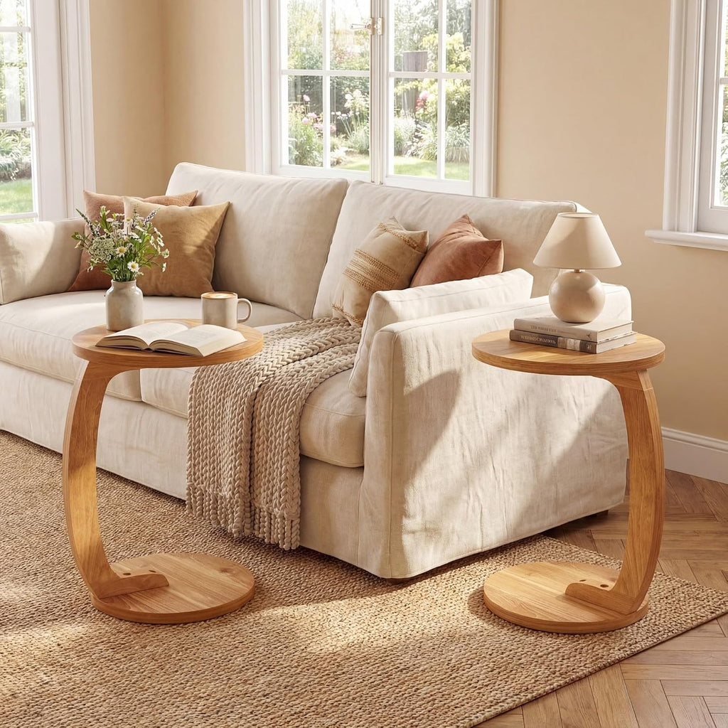 GOFLAME C-Shaped Round End Table, Solid Teak Wood Couch Sofa Side Table with 2 Tier Storage Shelves, Farmhouse TV Tray, Narrow Compact Bedside Nightstand for Living Room, Bedroom, Natural (1)