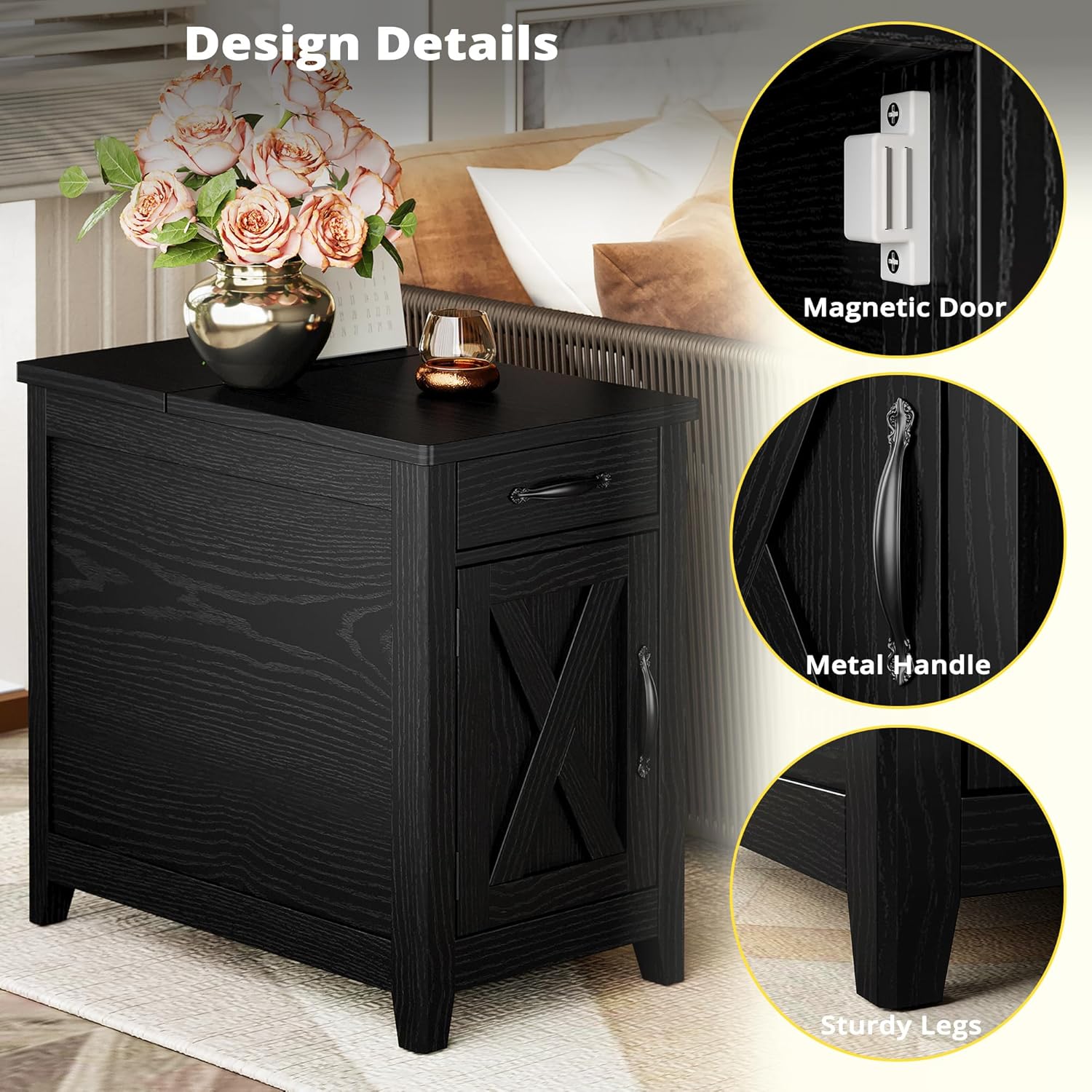IRONCK End Table with Charging Station, Narrow Side Table for Living Room, Farmhouse Night Stand for Bedroom, Bedside Table with Storage and Drawer for Home, Black