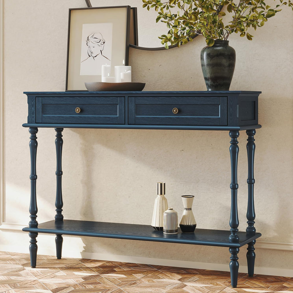 ARTPOWER Console Table for Entryway with 2 Drawers-Minimal Assembly,Blue Retro Entryway Table with Storage Cabinets and Open Shelf,Narrow Long Couch Table Behind Sofa for Living Room,Foyer,Hallway