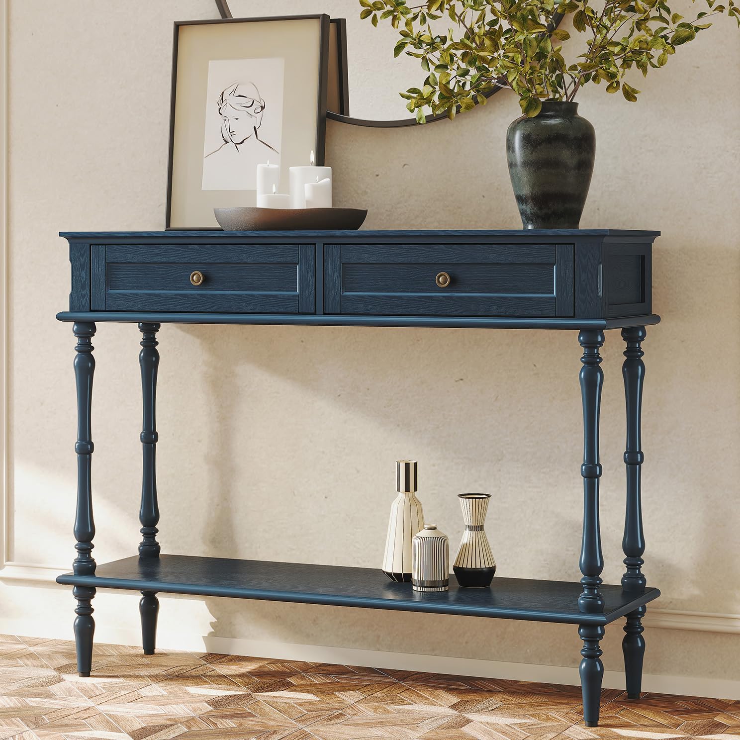 ARTPOWER Console Table for Entryway with 2 Drawers-Minimal Assembly,Blue Retro Entryway Table with Storage Cabinets and Open Shelf,Narrow Long Couch Table Behind Sofa for Living Room,Foyer,Hallway