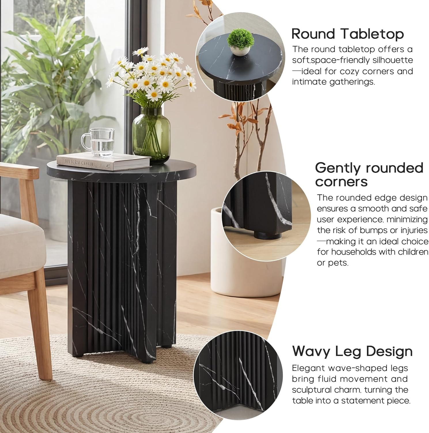 LEVNARY 15.7" Round Side Table with Marble-Look Top, Modern End Table with Scalloped Fluted Base, Small Circular Accent Table with Adjustable Feet for Living Room Bedroom (Black)