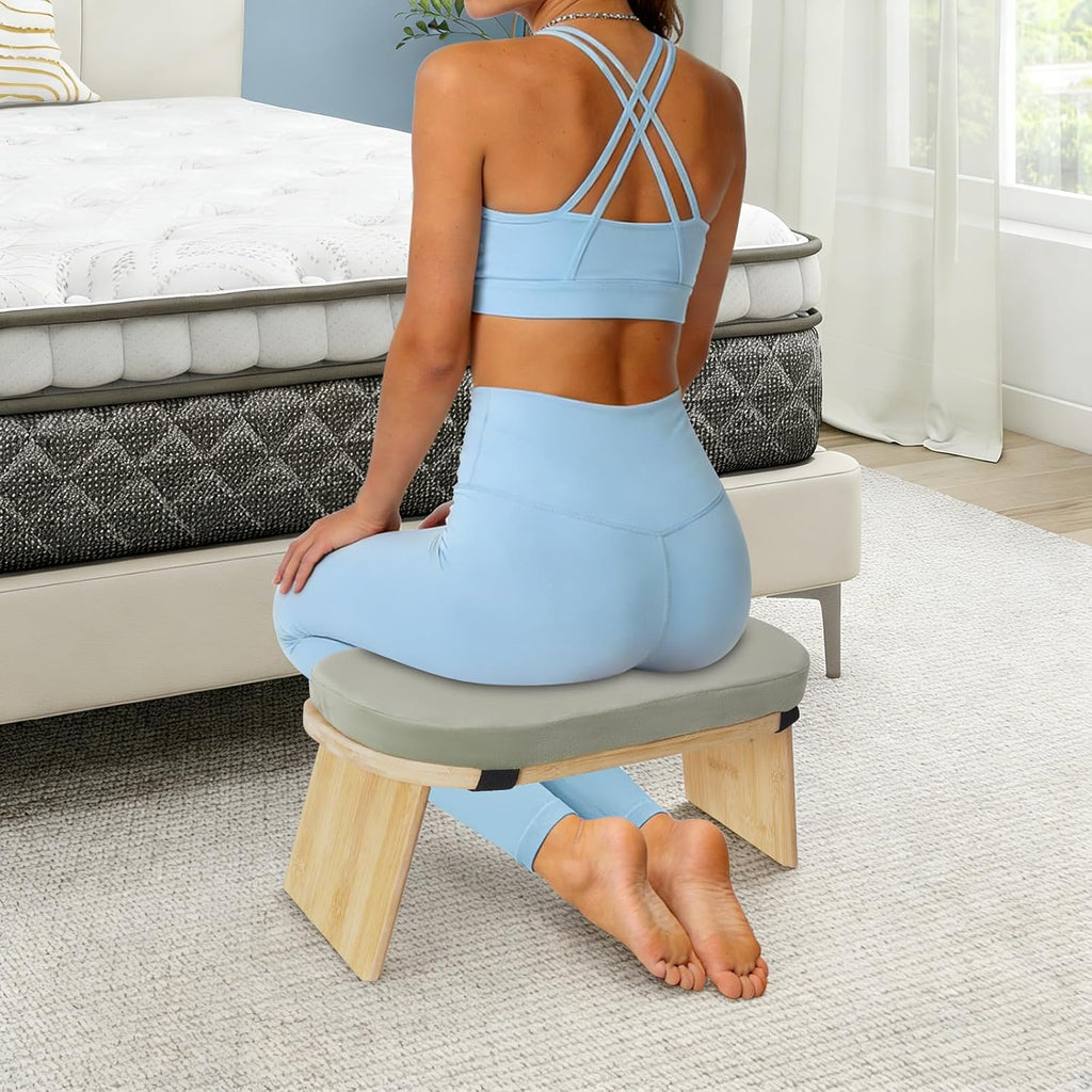 Meditation Bench with Cushion, Portable Yoga Meditation Bench, Foldable Ergonomic Bamboo Kneeling Stool for Kneeling Sitting Prayer (Green)