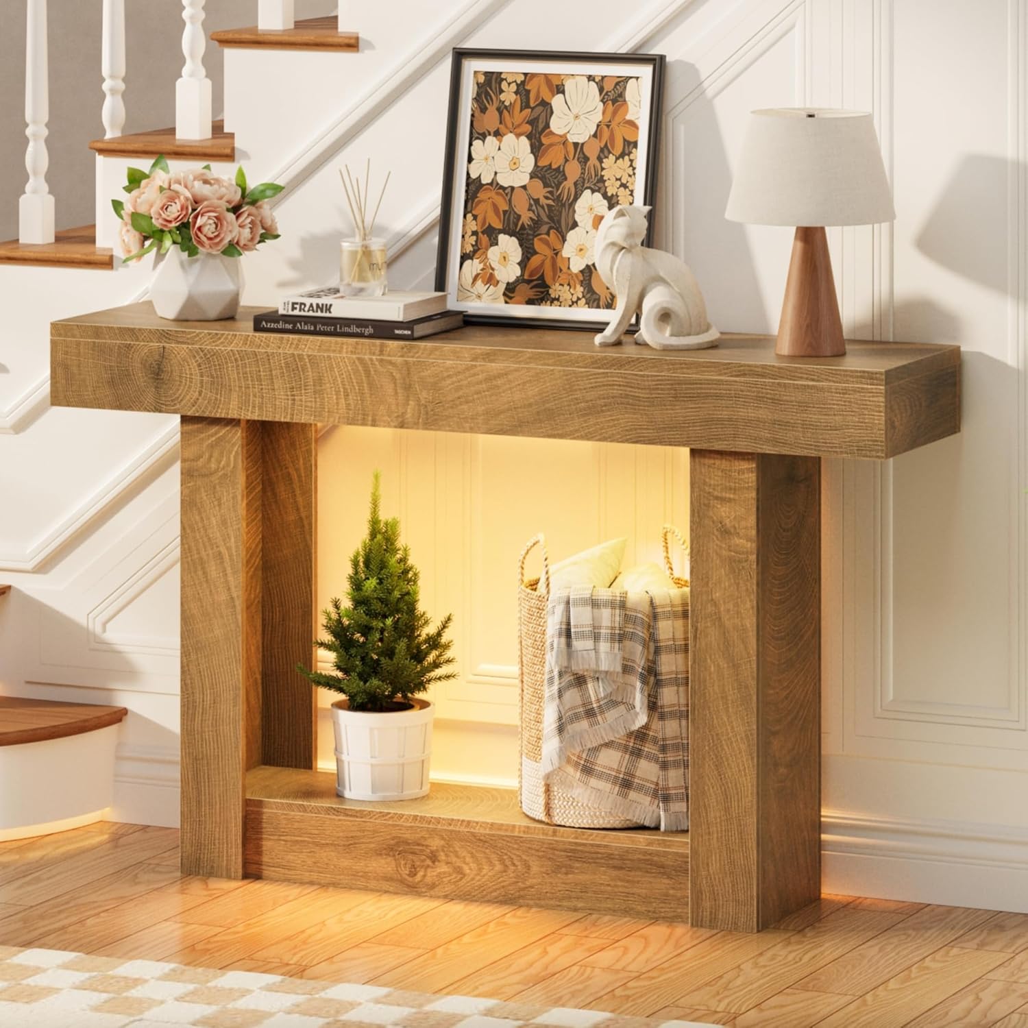 LIFECHOVY 47.2" Entryway Table with Outlet, 2-Tier Narrow Console Table with Sensor Light, Behind the Couch Sofa for Hallway/Living Room/Entrance, Natural Oak