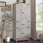 DWVO 72" Tall Farmhouse Pantry Cabinet, Kitchen Storage Pantry with Barn Doors & Drawer, Versatile Organizer with Adjustable Shelves, Rustic Cupboard for Dining Room, Living Room, White Oak