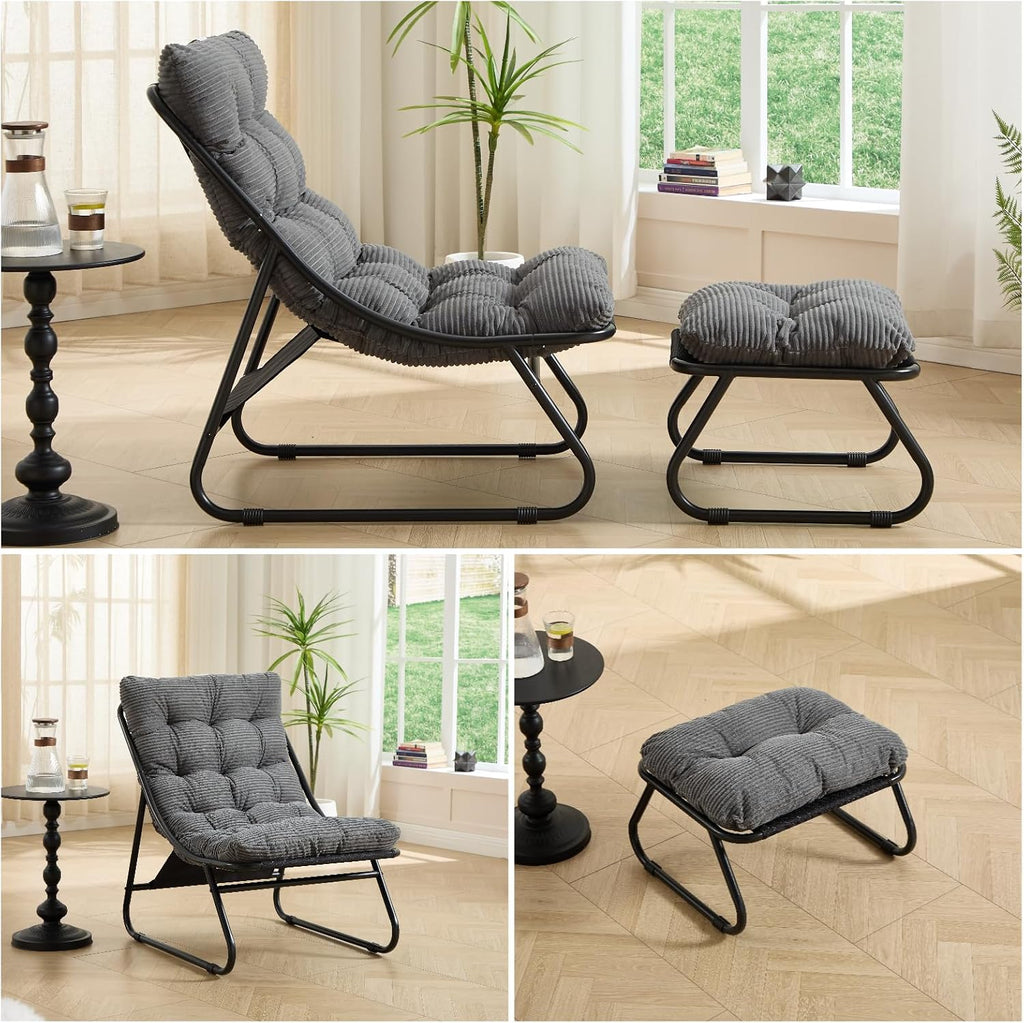 Patio Outdoor Lounge Chair with Ottoman, Armless Lounge Chair with Black Metal Frame & Cushion, Corduroy Upholstered Tufted Accent Chair with Matching Ottoman for Living Room, Grey