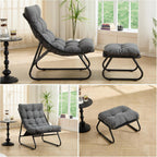 Patio Outdoor Lounge Chair with Ottoman, Armless Lounge Chair with Black Metal Frame & Cushion, Corduroy Upholstered Tufted Accent Chair with Matching Ottoman for Living Room, Grey