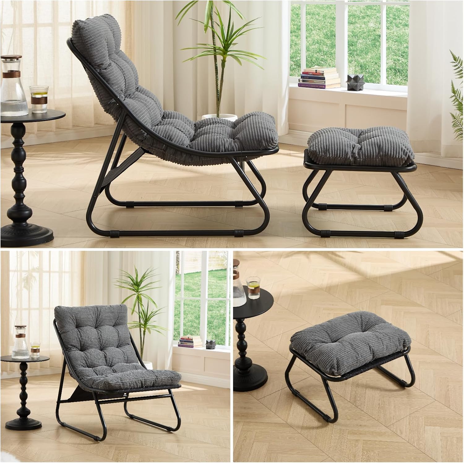 Patio Outdoor Lounge Chair with Ottoman, Armless Lounge Chair with Black Metal Frame & Cushion, Corduroy Upholstered Tufted Accent Chair with Matching Ottoman for Living Room, Grey